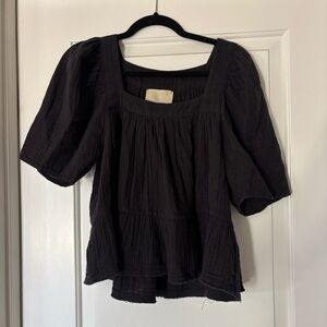 ANAAK black gauze cotton cheesecloth square neck puff sleeve ruffle hem top smal